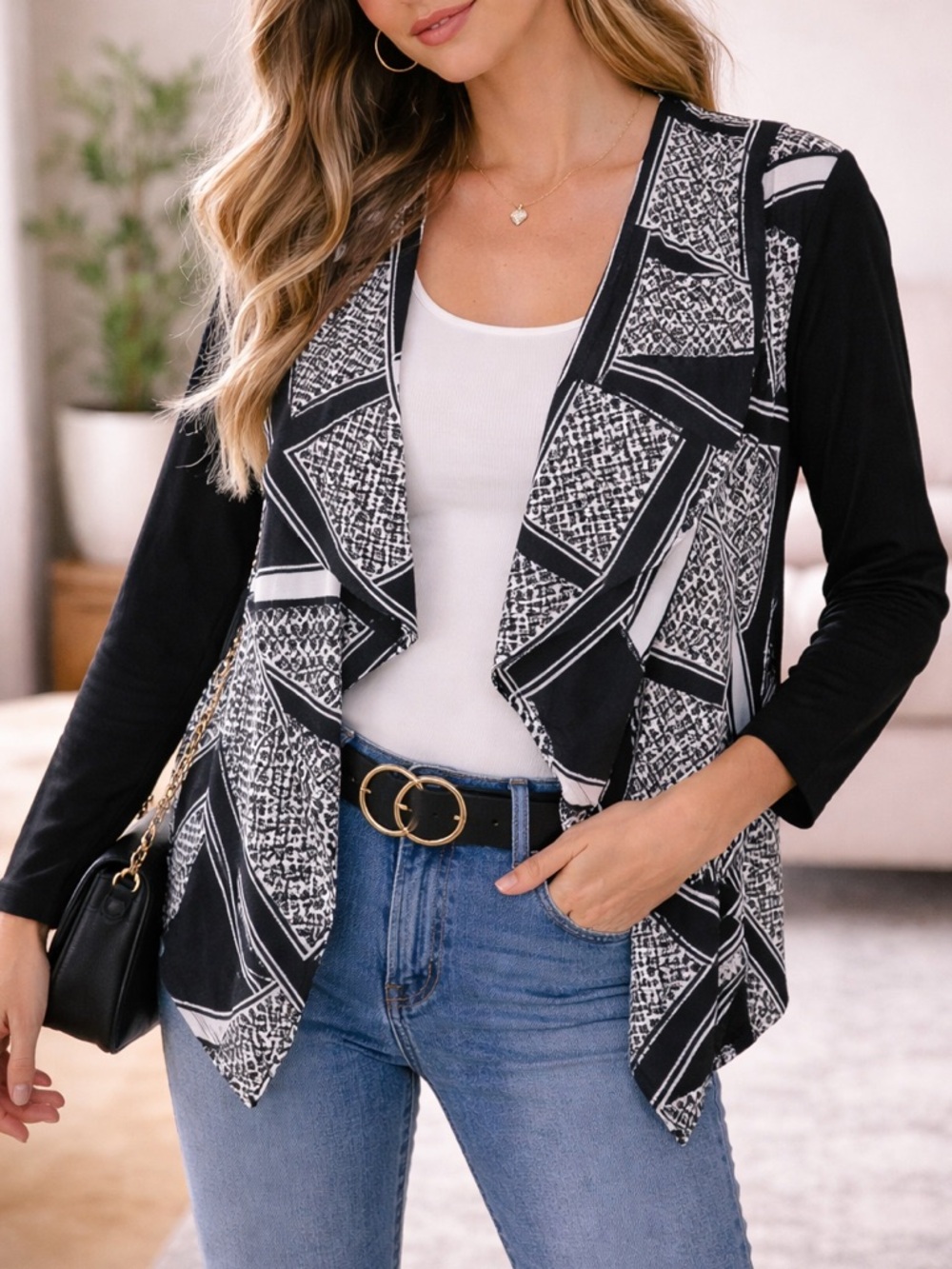 Style & Co Black White Open Front Cardigan XL Lightweight  Blouse Work Casual